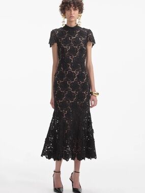 New! Self-Portrait Black Floral Lace Midi Dress size 10